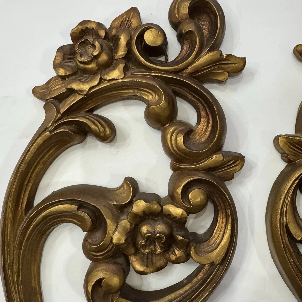 Vintage Homco Wall Sconces 2 Ornate Gold Scroll Candle Holders w/ Glass Votives